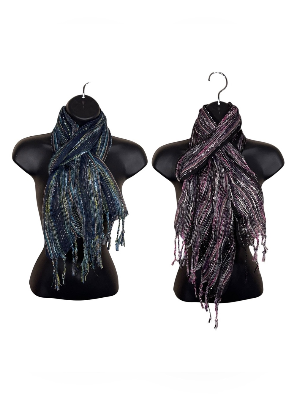 Set Of 2 Scarves Womens Blue Real Purple Silver Boho Hippie Fringe Bohemian